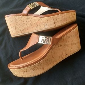 Coach Jan Saddle Leather Cork Wedge Sandals 8M